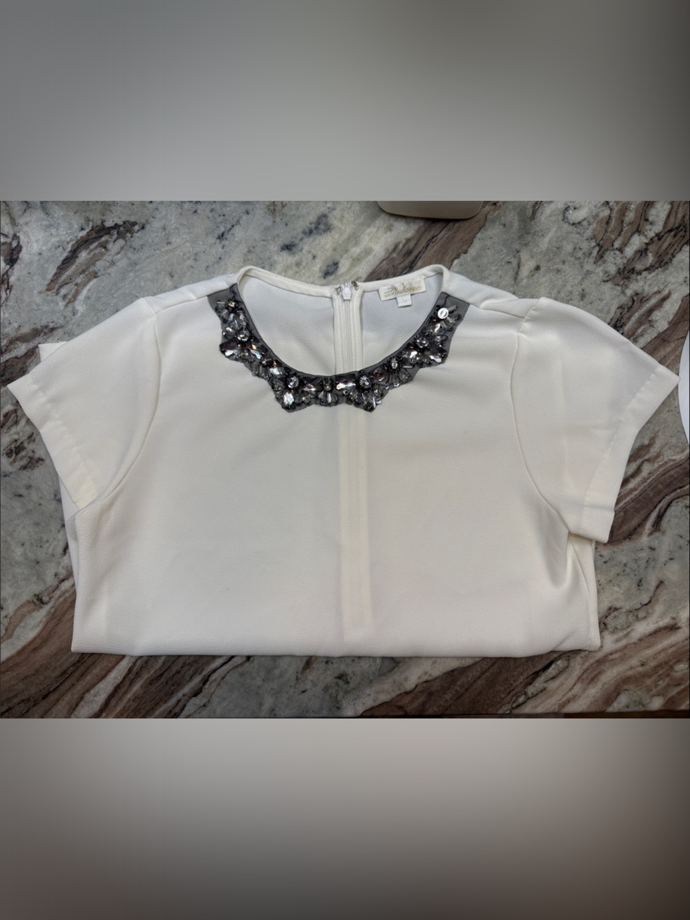 Shoshanna White Short Sleeve Top with Silver Beaded Collar